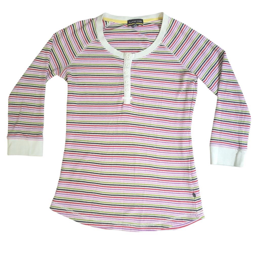 Land's End Womens Small Multicolor Henley Top Long Sleeve Striped Shirt Purple